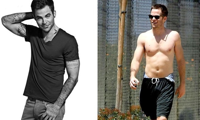 A picture of Chris Pine with (left) and without (right) his temporary tattoo.